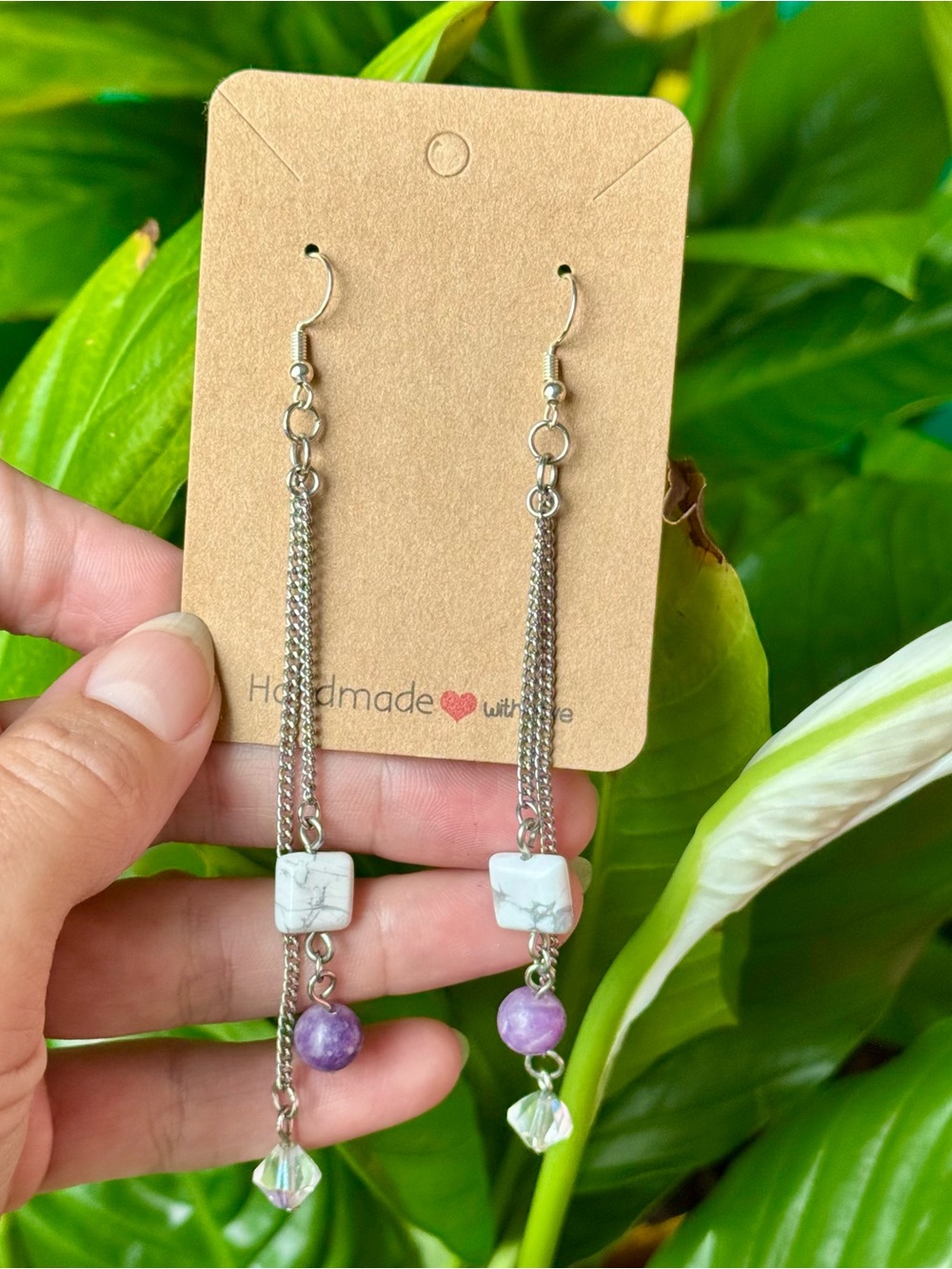 Handmade HOWLITE + LEPIDOLITE Silver Drop Earrings